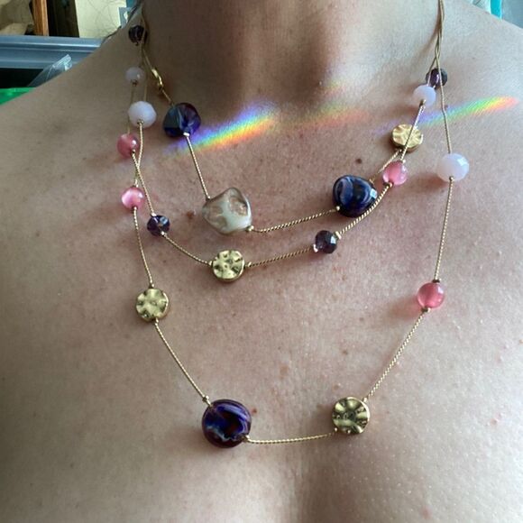 Multi-Strand Pink Purple Beaded Layered Floating Women’s Necklace - Picture 1 of 8